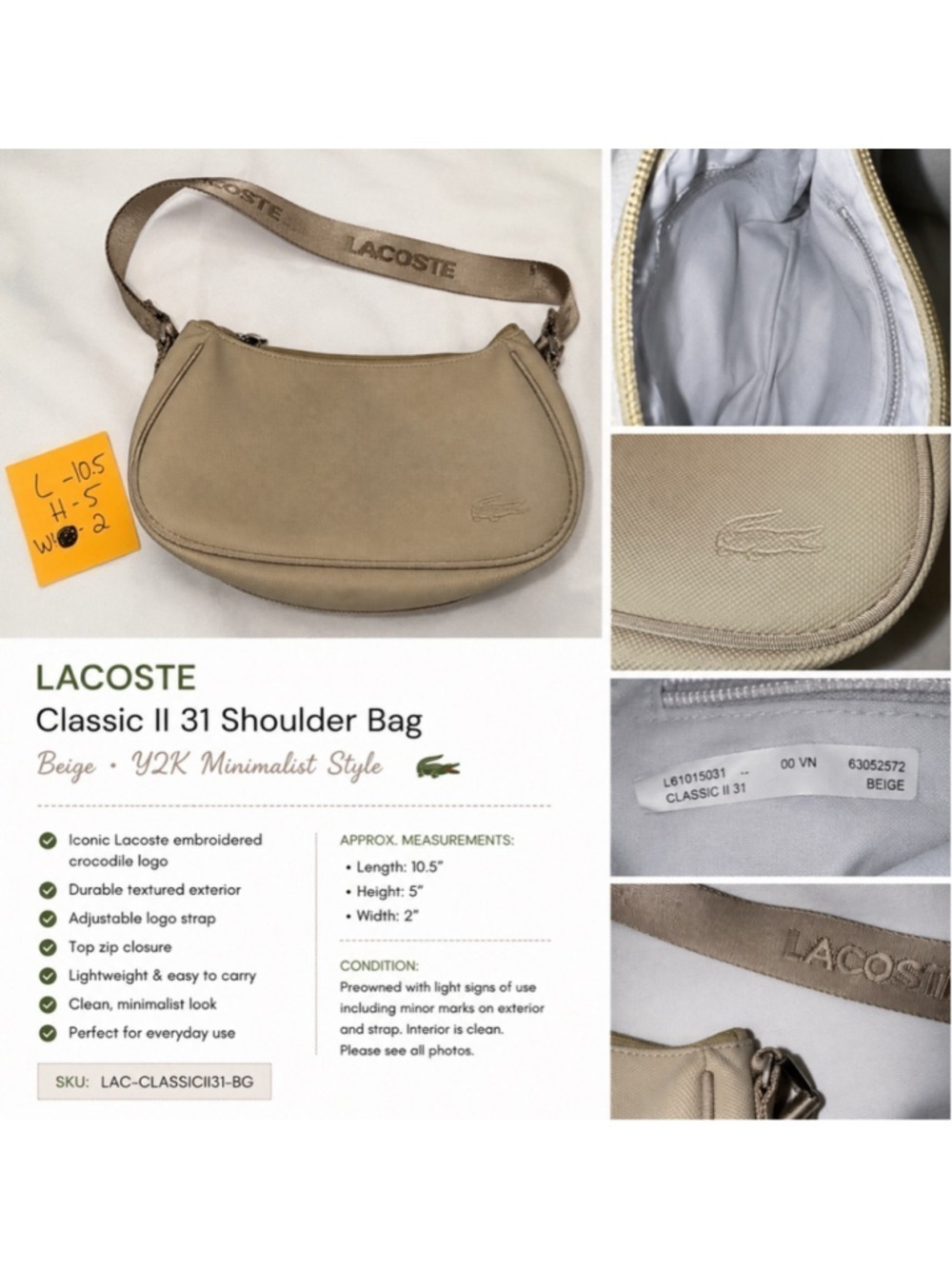 Lacoste Classic II 31 Beige Mini Shoulder Bag Y2K Baguette Purse Logo Strap
